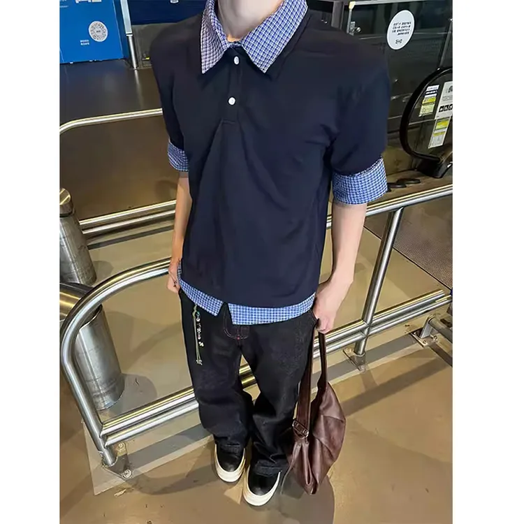 藏青色假两件短袖男夏季miu系穿搭polo衫蓝色条纹拼接衬衫翻领t恤