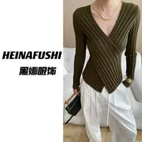 HEINA极简坑条交叉领修身针织衫6553