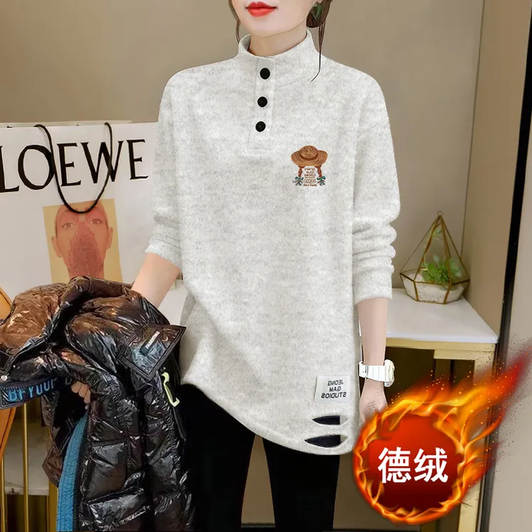 百搭简约小清新印花T恤中长款破洞下摆显瘦上衣半高领德绒打底衫