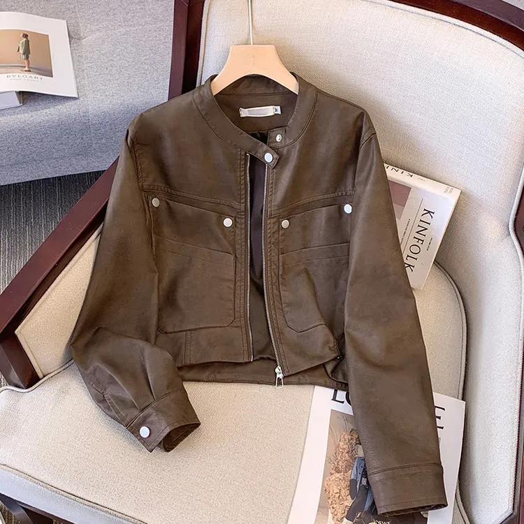 拉夏贝尔小个子机车服夹克上衣春秋2025年新款潮流复古皮衣短外套