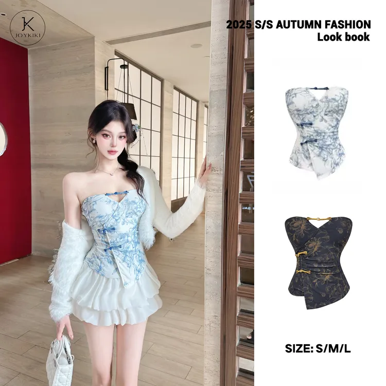 JOY KIKI鹅了么【轻烟白茶】新中式盘扣收腰显瘦修身上衣J25C421