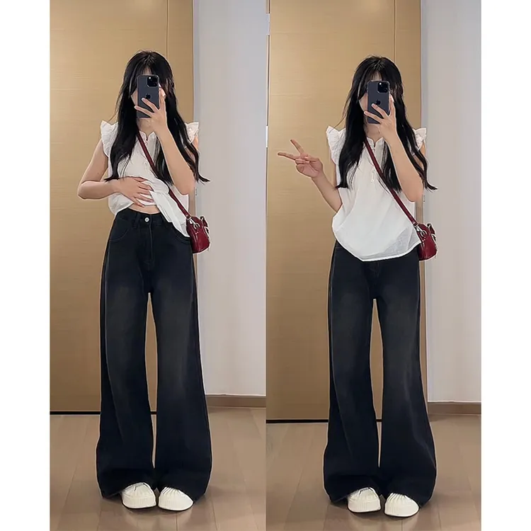 黑灰色高街阔腿牛仔裤女2025秋季新款高腰显瘦宽松直筒垂感拖地裤