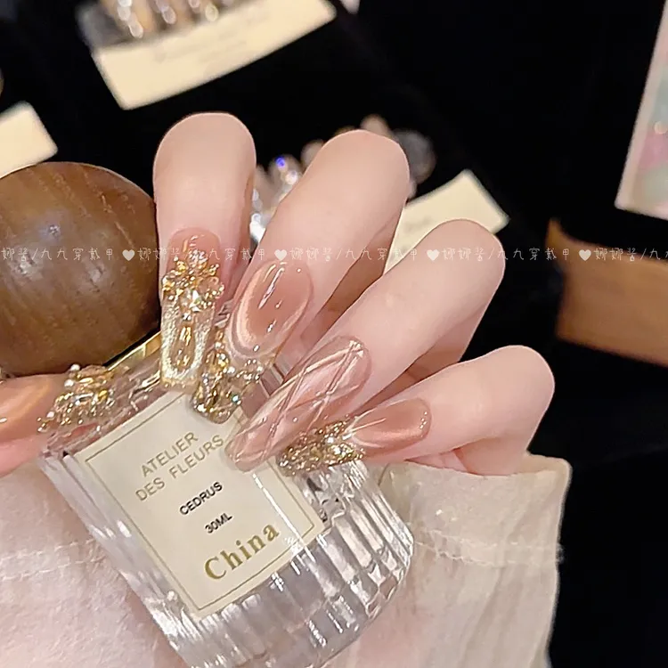 【烁玉流金】轻奢高级感满钻爆闪鎏金猫眼美甲纯手工穿戴甲