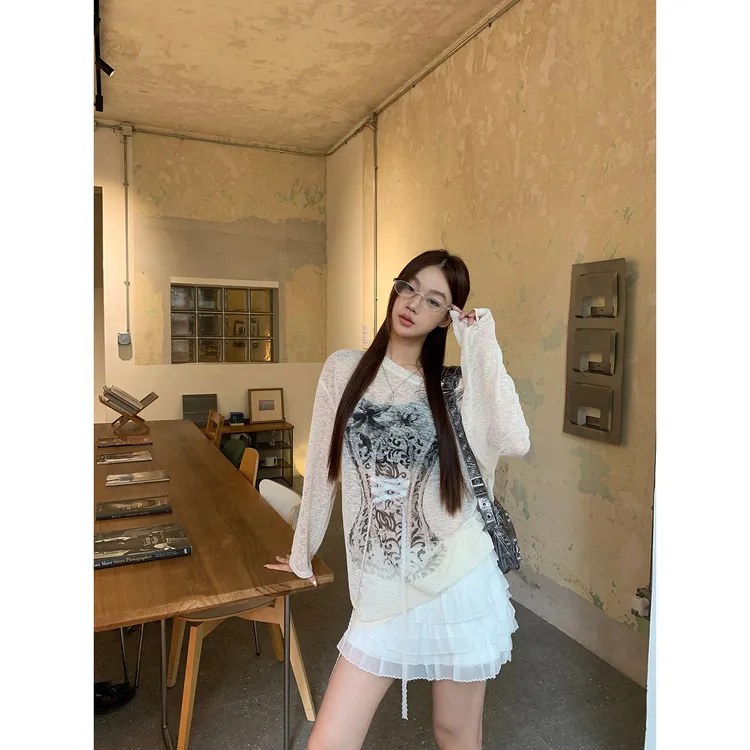 【褪色磁带】夏季美式斜肩辣妹薄款长袖罩衫宽松T恤252T2255#