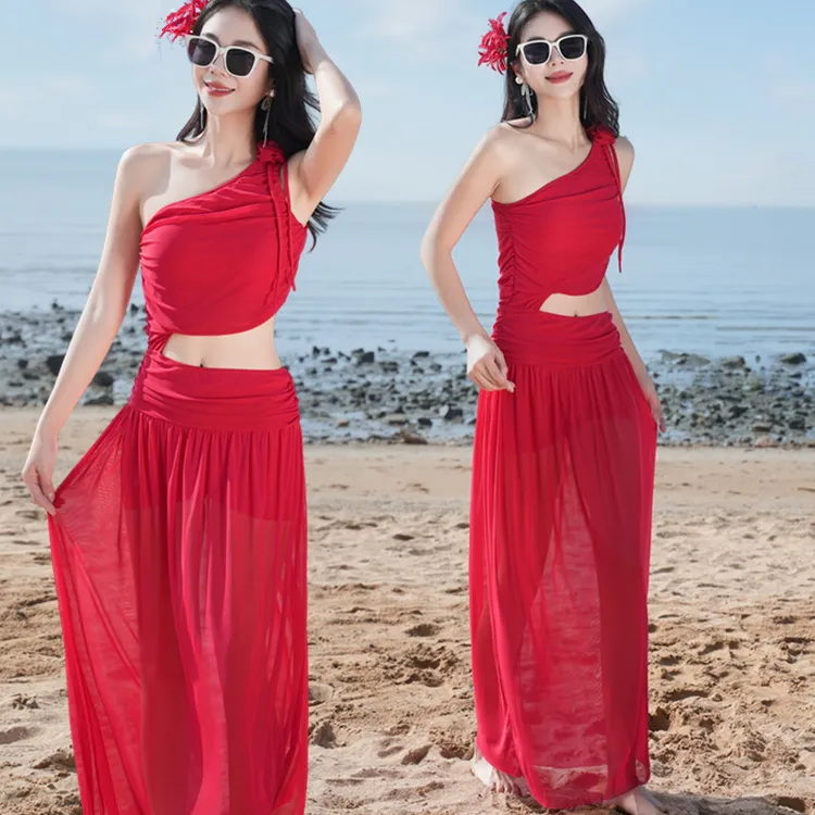 泰式bikini比基尼长裙高级感温泉度假红色泳衣女斜肩性感纯欲泳装