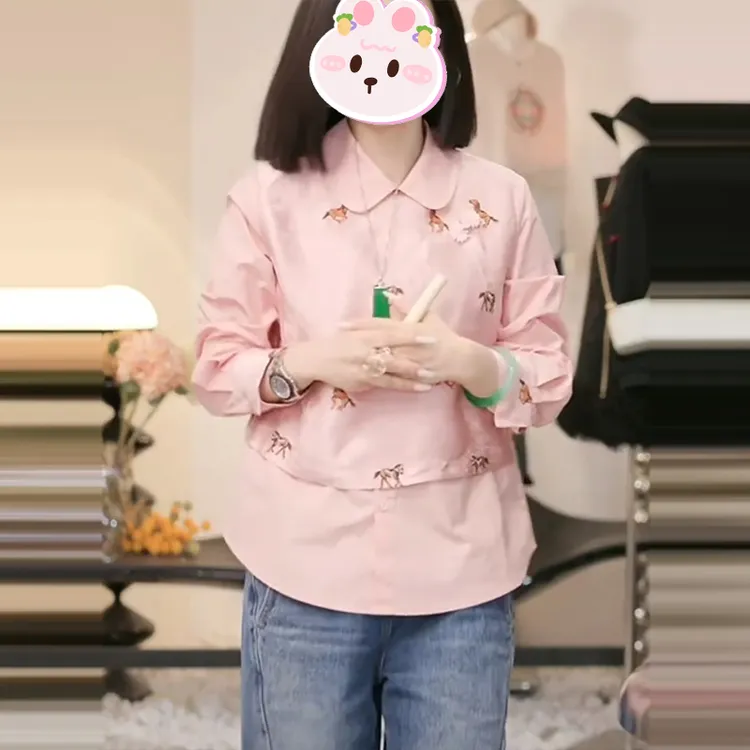 韩版小马刺绣翻领假两件衬衫女2025冬季新款宽松显瘦休闲百搭上衣
