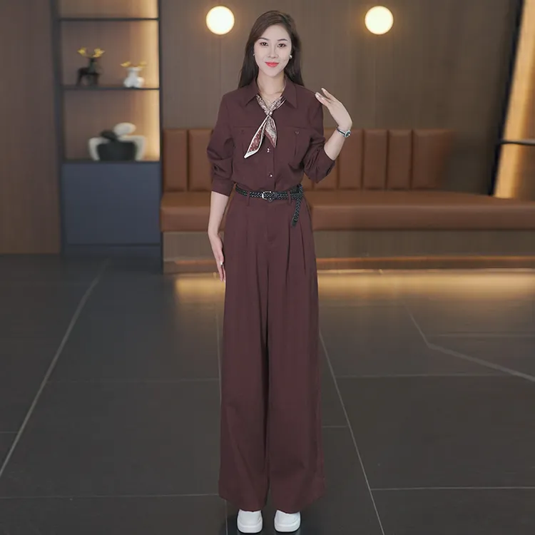 时尚韩版纯色减龄两件套女2025年秋季新款洋气优雅阔腿裤休闲套装