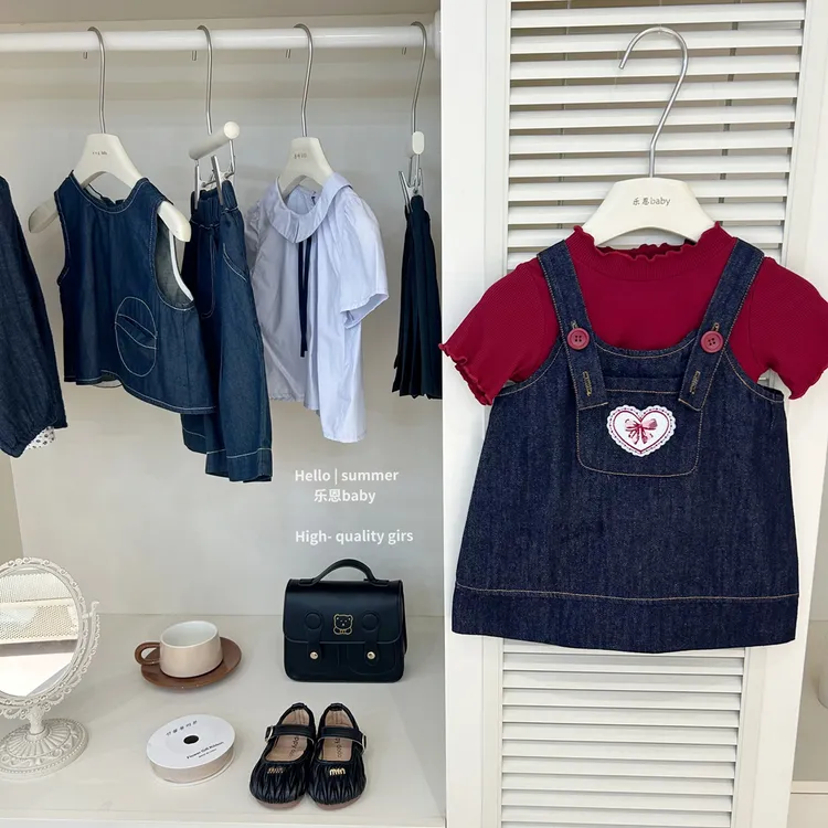 【乐恩baby】2025春夏女童复古刺绣牛仔背心蝴蝶结背带裙洋气两件套