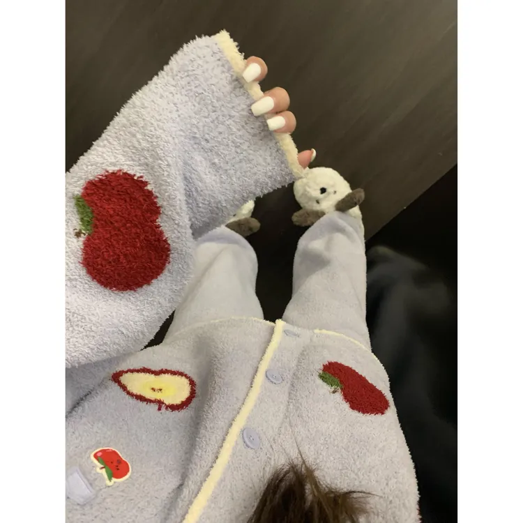 软糯毛衣慵懒半边绒睡衣女秋冬加厚开衫针织外套家居服套装可外穿