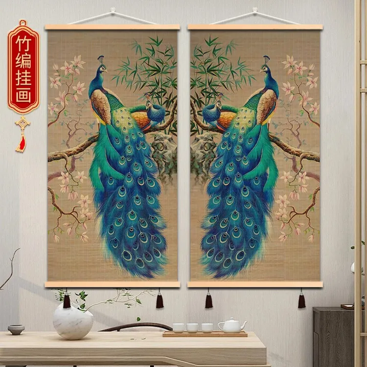 【孔雀】竹编挂画玄关客厅入户门走廊千里江山竹子竹丝装饰画