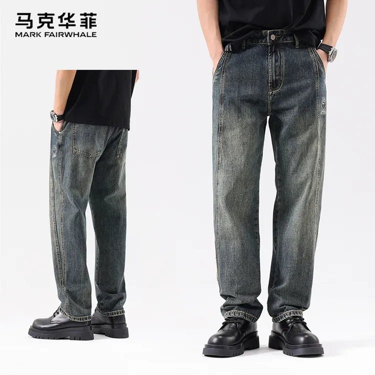 马克华菲美式复古水洗牛仔裤男士宽松潮流拼接夏季休闲直筒长裤子