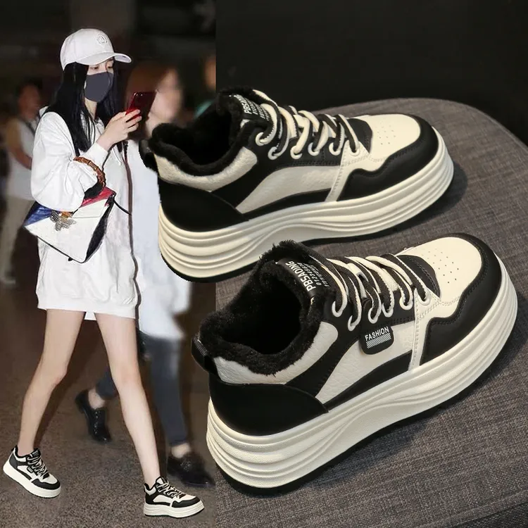 加绒加厚高帮鞋女小白鞋2025冬季新款黑白熊猫板鞋学生大棉保暖鞋