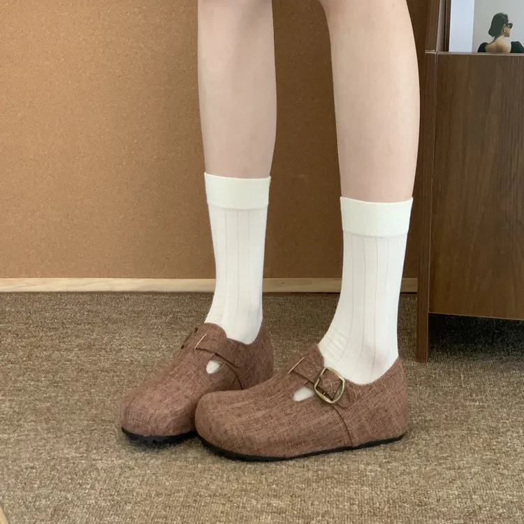 内增高3CM秋季新款森系复古一脚蹬平底豆豆鞋女百搭软底勃肯鞋