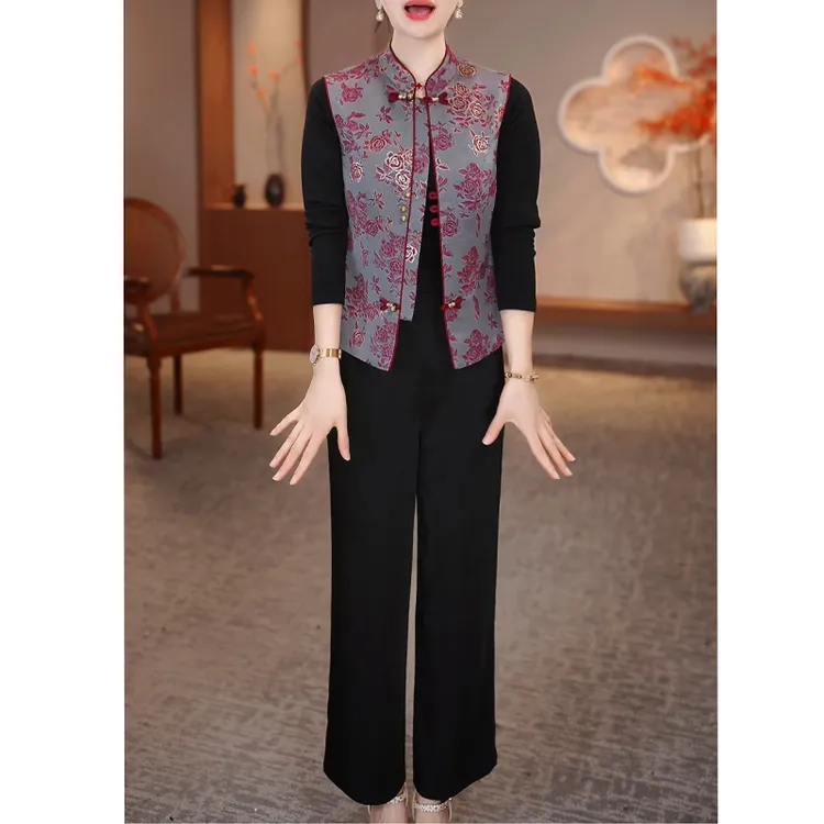 新中式国风马甲阔腿裤两件套女2025春季新款妈妈时尚洋气减龄套装