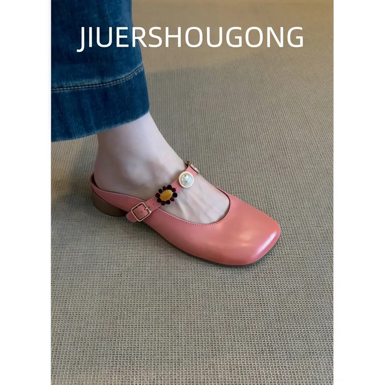 羊皮版~轻奢鞋子包头半拖鞋女2025夏季新款复古风百搭一脚蹬凉拖