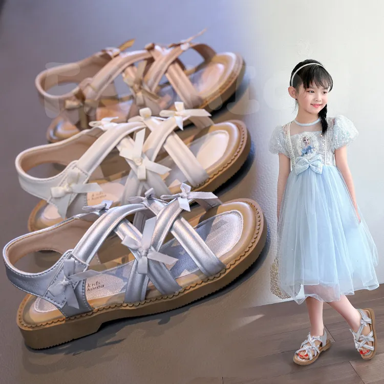 女童凉鞋百搭舒适罗马鞋2025夏季儿童女孩编织蝴蝶结软底沙滩凉鞋