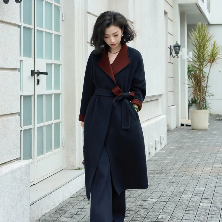 西子/【夜华】羊绒毛撞色双面呢经典高级大气长款大衣/DYTJ0695