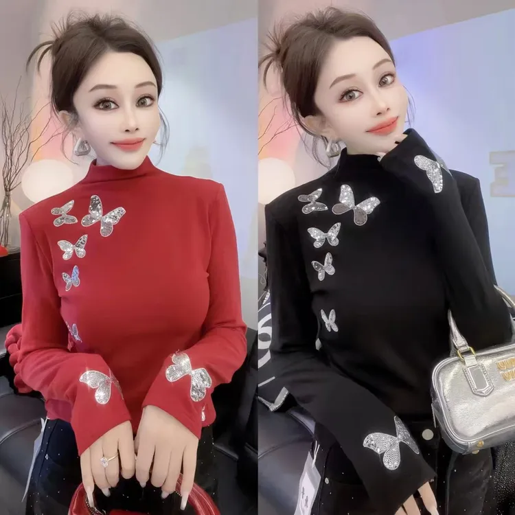 欧货2026早春款蝴蝶亮片正肩小衫女高级别致修身温柔风半高领上衣
