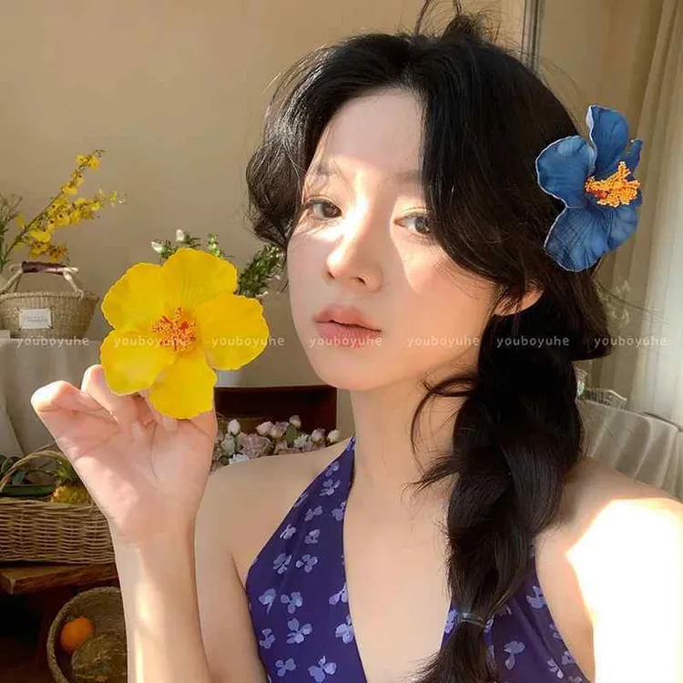 甜美海边度假风发夹女仿真扶桑花波西米亚鸡蛋花朵发饰侧边夹头饰