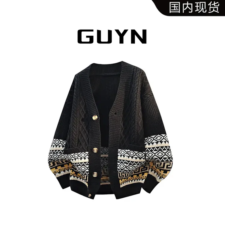 【品牌现货】GUYN秋冬提花开衫毛衣复古宽松休闲针织衫外套高级感男
