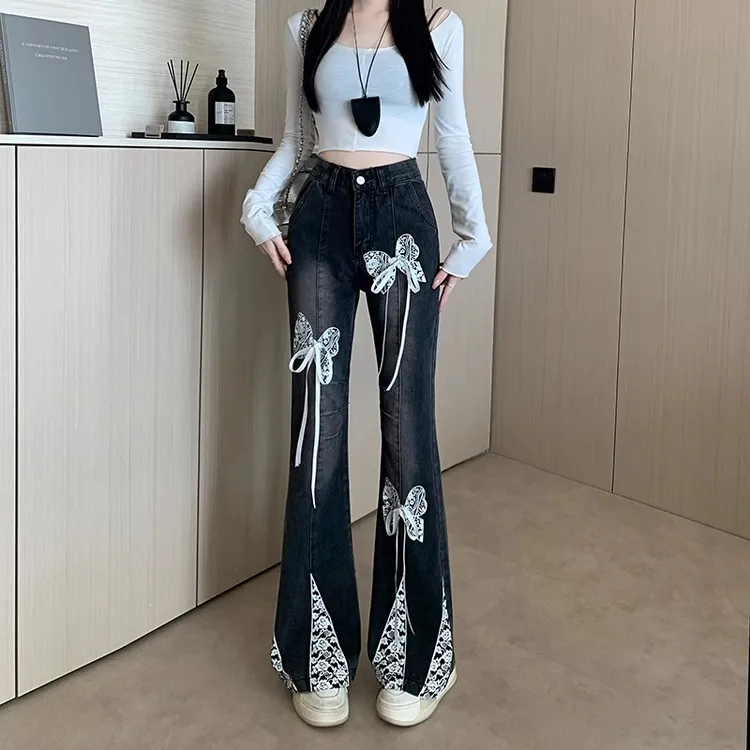 美式复古蕾丝蝴蝶结牛仔裤女装夏季辣妹高街设计感显瘦微喇叭裤女