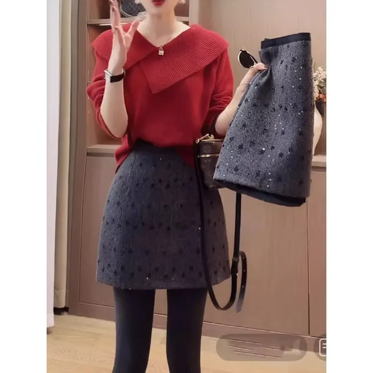 2025冬季亮片毛呢半身裙短款A字裙高腰直筒包臀裙修身显瘦闪闪裙