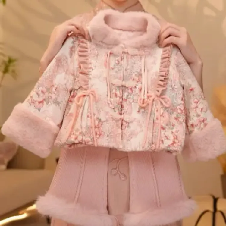 1638送包民族风女宝厚款秋冬款套装女童加绒汉服年服中国风外套