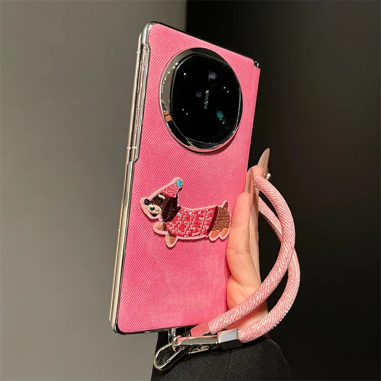 粉牛仔纹刺绣狗适用华为mateX6典藏版折叠屏手机壳mateX5磁吸中轴