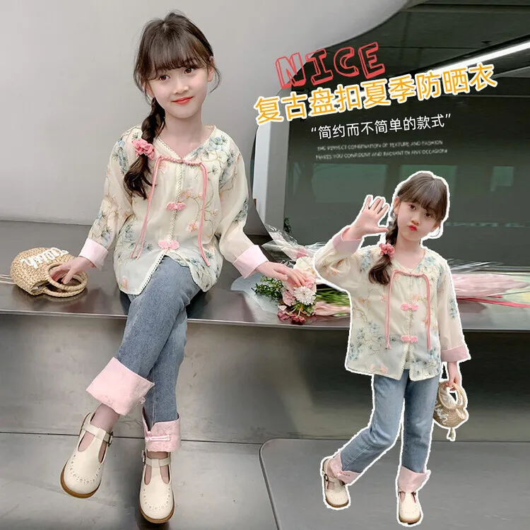 女童新中式国风衬衫春秋2025新款中大儿童盘扣外套唐装汉服防晒衣