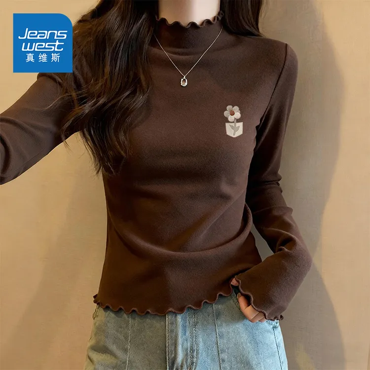 真维斯半高领打底衫女2026新款秋冬季咖色长袖内搭德绒木耳边上衣