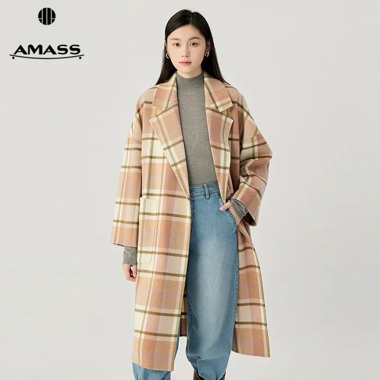 阿玛施AMASS新款时尚简洁大气廓形大口袋绵羊毛双面呢大衣5400952