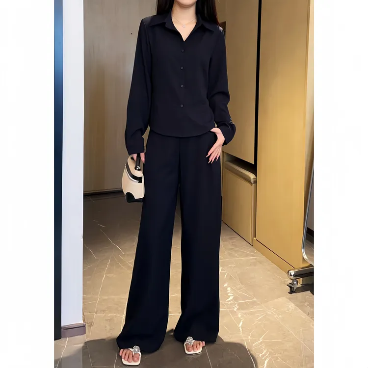 老钱风藏蓝色时尚套装女收腰长袖翻领衬衫+宽松阔腿裤休闲两件套