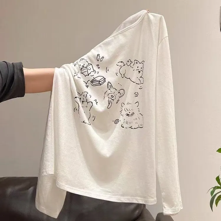 可爱小狗慵懒露肩长袖T恤女秋季初秋新款薄款上衣春秋春秋百搭