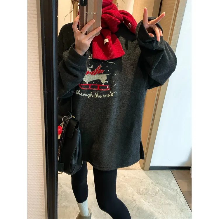 黑灰色小狗印花磨毛T恤女2025冬季新款慵懒风宽松圆领打底上衣潮