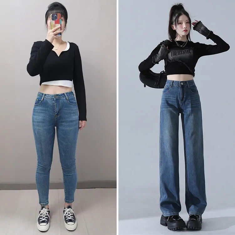 复古蓝窄版阔腿裤牛仔裤女早春季2025年新款高腰宽松显瘦直筒裤子