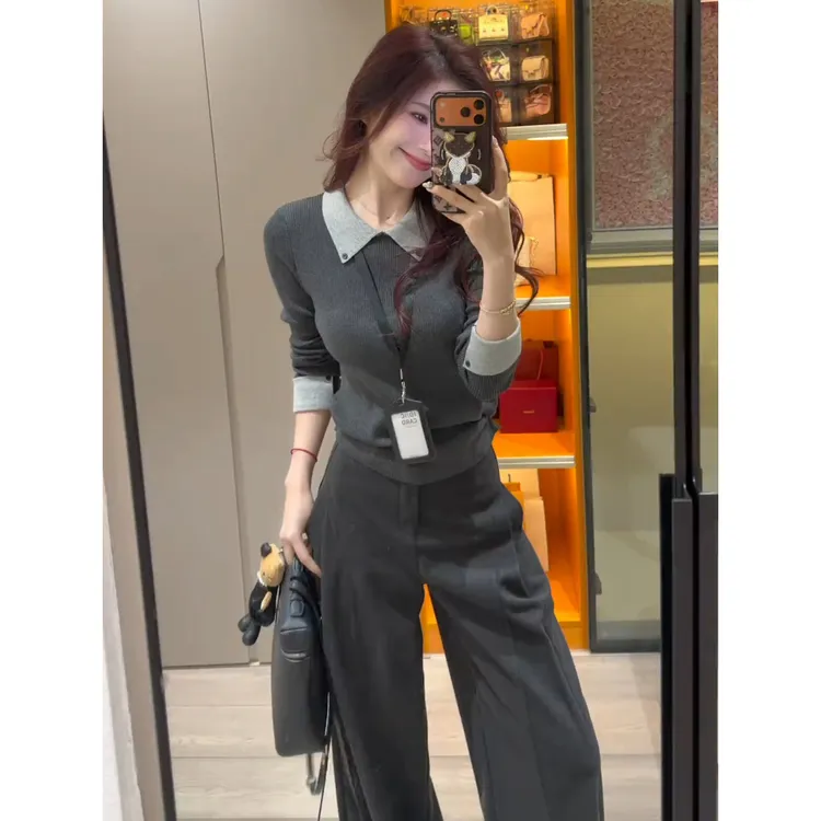 极简高级ins撞色假两件毛衣正肩掐腰秋冬辣妹长袖内搭针织上衣女