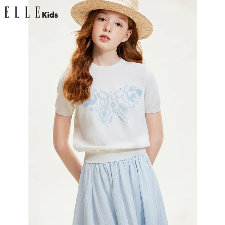 6472 ELLE KIDS蝴蝶印花短袖针织衫女童夏季新款撞色休闲宽松上衣