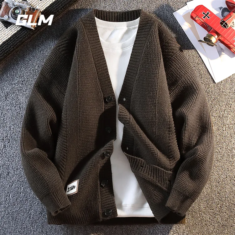 GLM美式复古重磅V领开衫毛衣男秋冬季潮流宽松毛线衣休闲针织外套