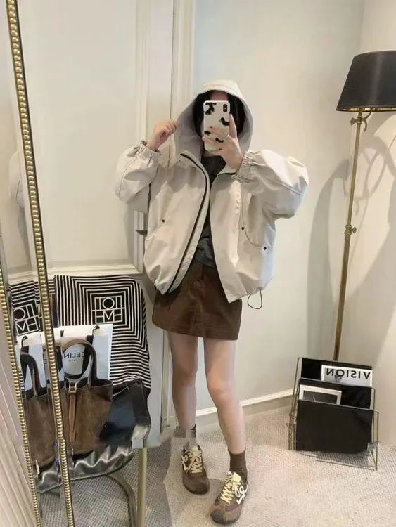 （在仓现现）8662番外冬季韩版小个子工装风宽松连帽冲锋衣外套女