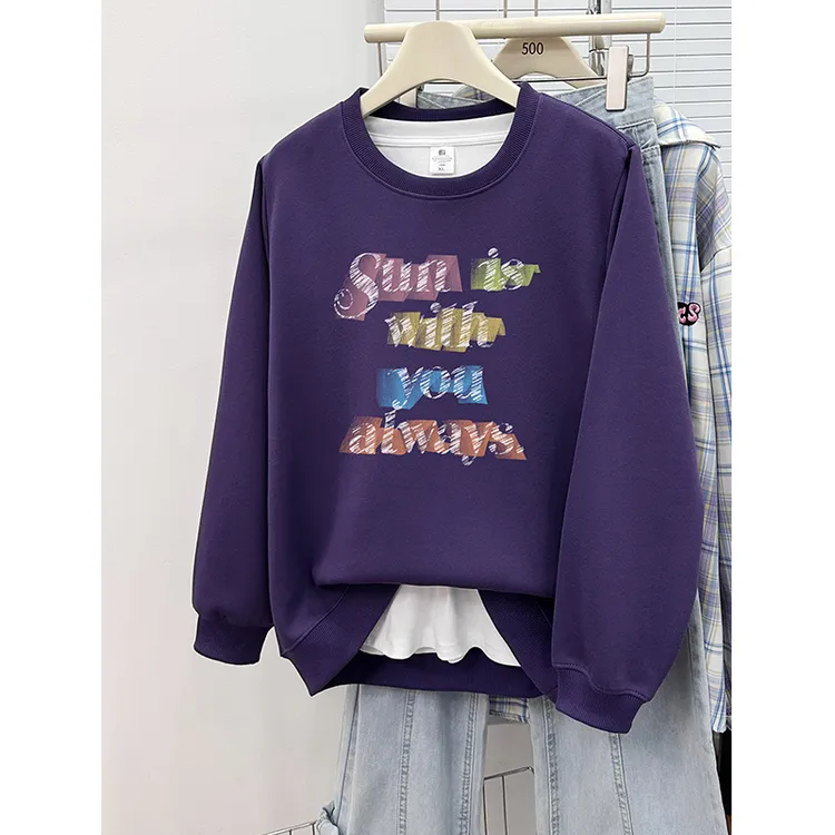 紫色圆领正肩卫衣女秋冬加绒加厚设计感字母印花胖mm宽松大码上衣