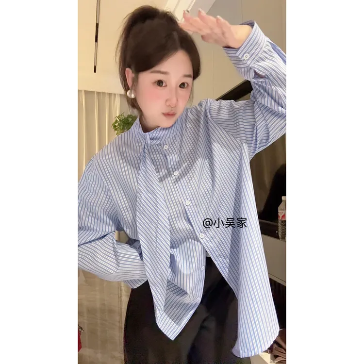 「小吴家」韩系2026春季新款蓝色竖条纹蝴蝶结女衬衫设计感别致上衣