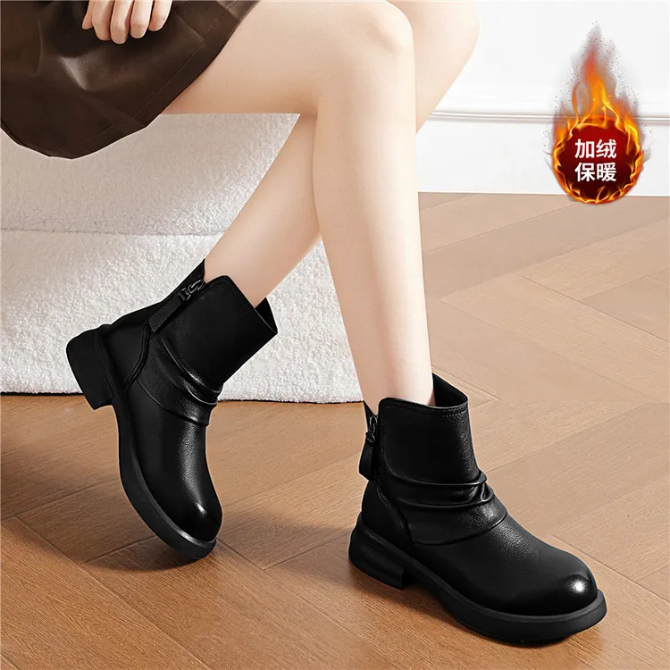 牛皮时尚新款平底褶皱短靴女款真皮2025秋冬女士休闲双拉链瘦瘦靴