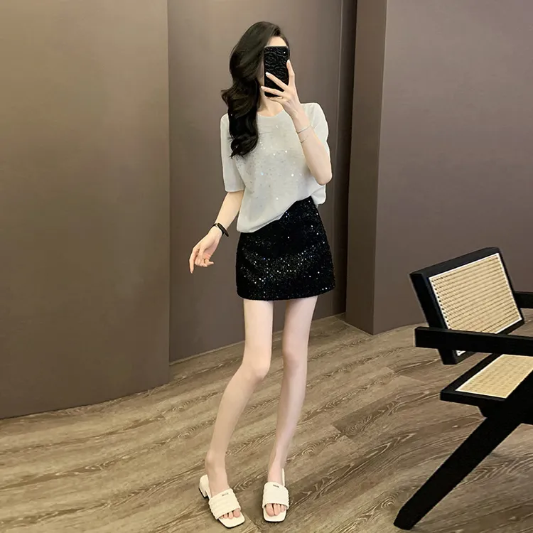 高级感时尚短袖银河星空女夏季新款法式亮片黑色短裙一整套小香风