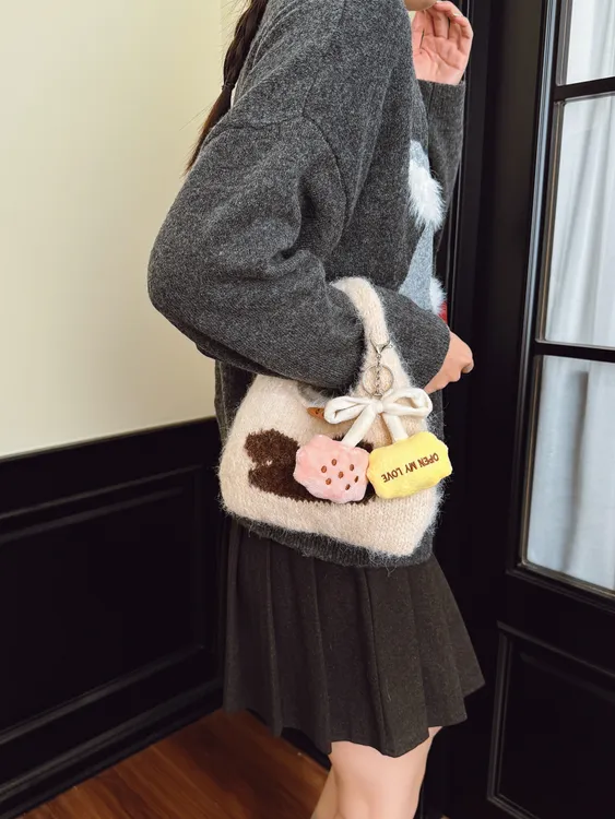 可爱毛绒手提包上班杂物小拎包毛茸茸收纳包毛线针织包包女式冬季