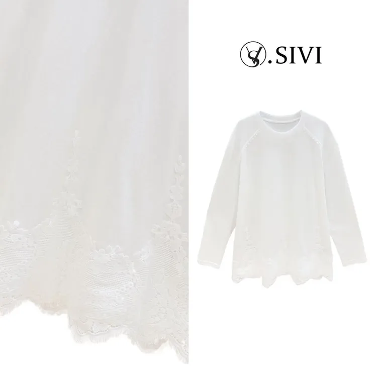 熙薇【空白画布】2025秋季时尚百搭简约轻奢圆领蕾丝边上衣H5850