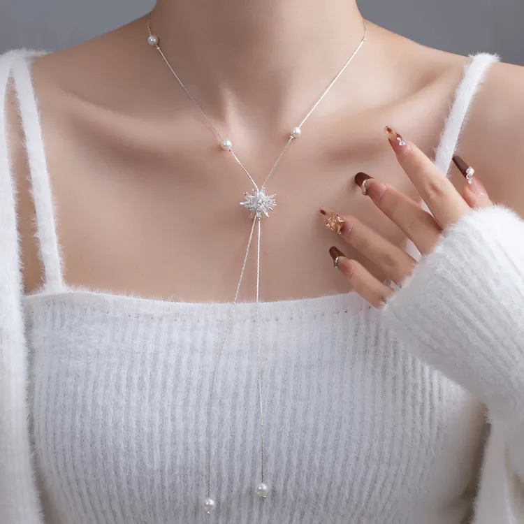 铜合金仿珍珠项链 烟花轻奢流苏毛衣链气质秋冬小众可抽拉首饰品