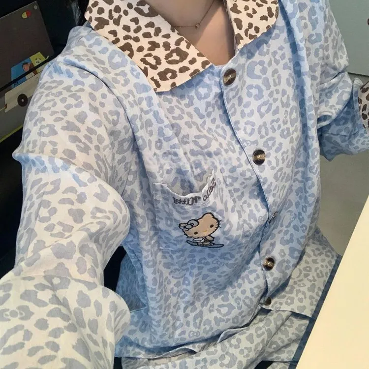 豹纹刺绣KT猫纯云朵棉长袖套装睡衣女薄款春秋季绵绸女生家居服