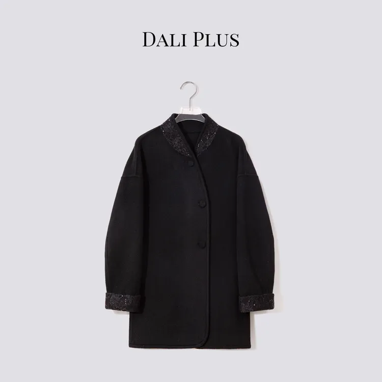 DALI PLUS“100绵羊毛”黑闪法绣立领收腰系带双面呢大衣-D5MM2461
