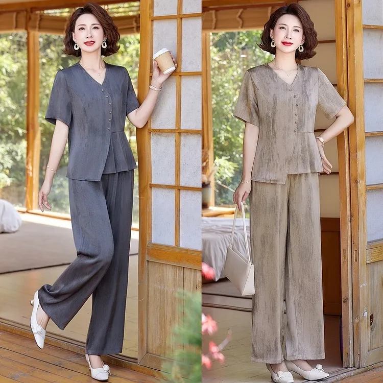夏季洋气妈妈装套装中年气质减龄九分显瘦中老年大码休闲时尚宽松