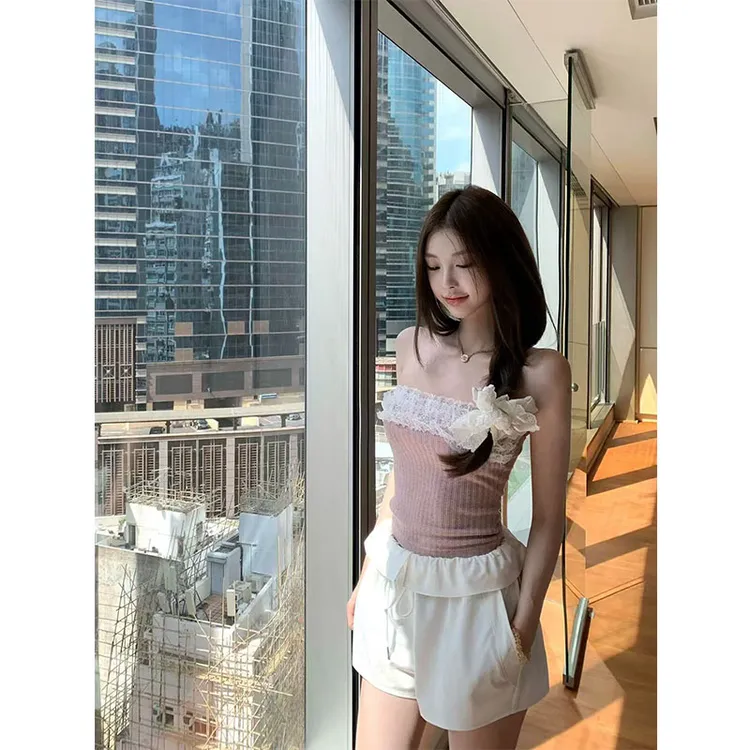 2025夏季新款纯欲性感辣妹花边拼接抹胸背心上衣百搭高腰短裤套装